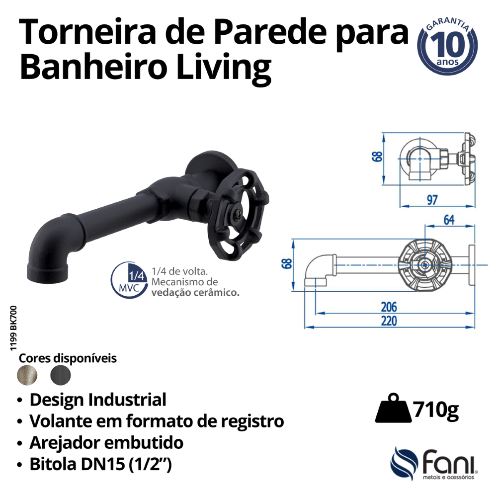 Torneira Lavatório/Cozinha Parede Living 1199BK700 Preto Fosco Fani