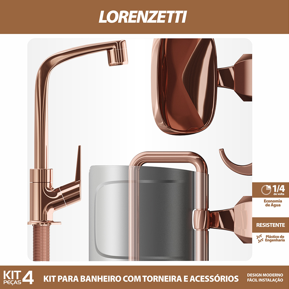 Kit Acessórios com Torneira em ABS Flatt 4 Peças 2004 F71 Rose Gold Lorenzetti
