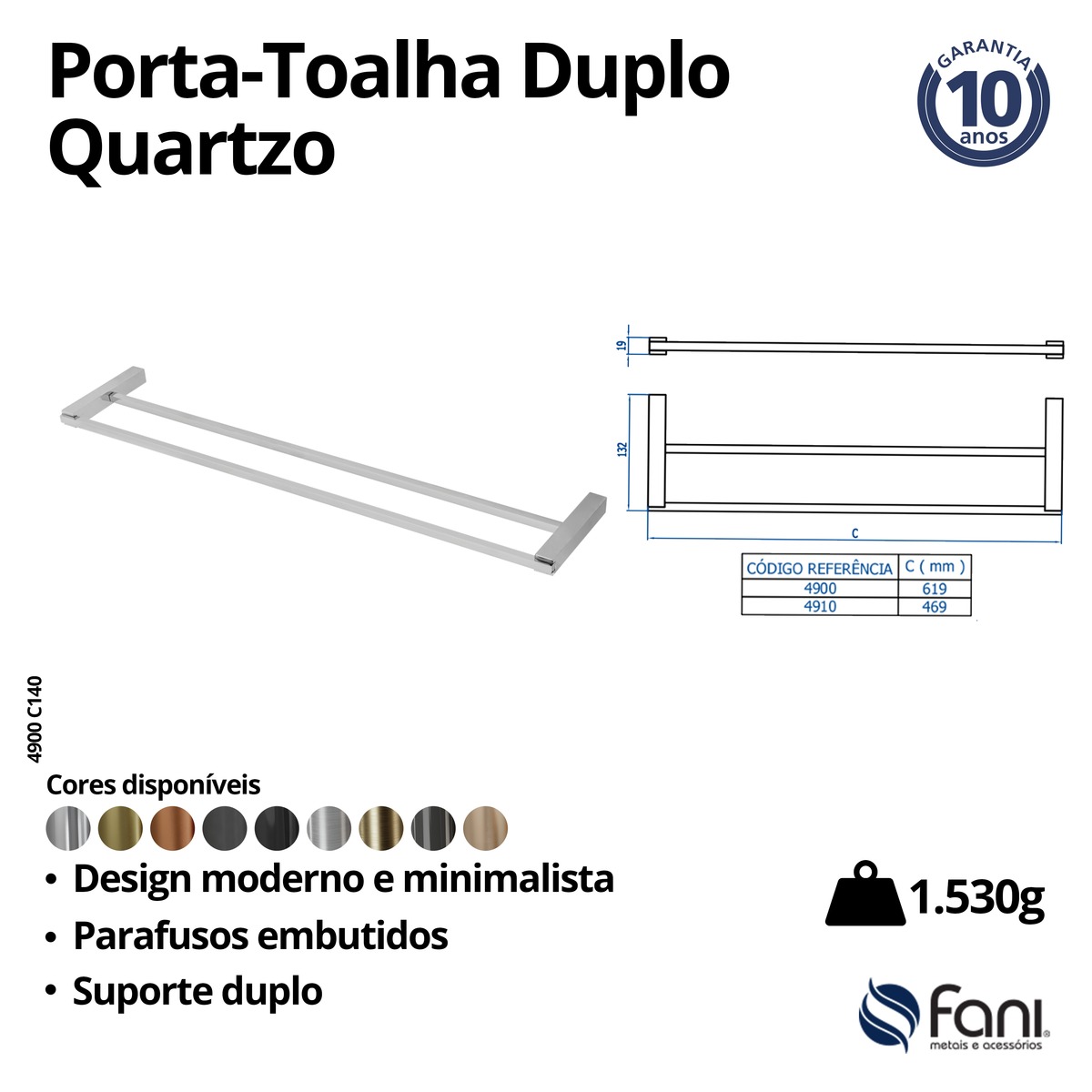 Porta Toalha Reto Longo 61,9cm Duplo Quartzo 4900C140 Cromado Fani