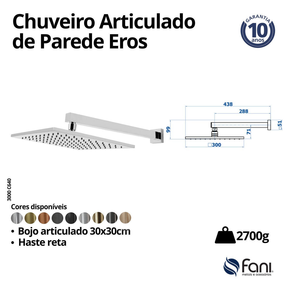 Chuveiro Articulado Parede Metal Eros 3000C640 Cromado Fani