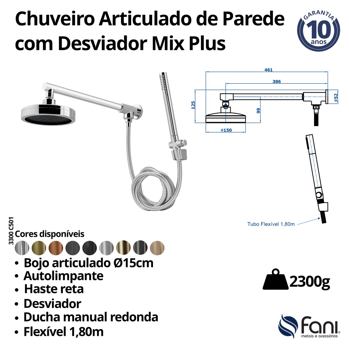 Chuveiro Articulado C/Desviador Metal Mix Plus 3300C501 Cromado Fani