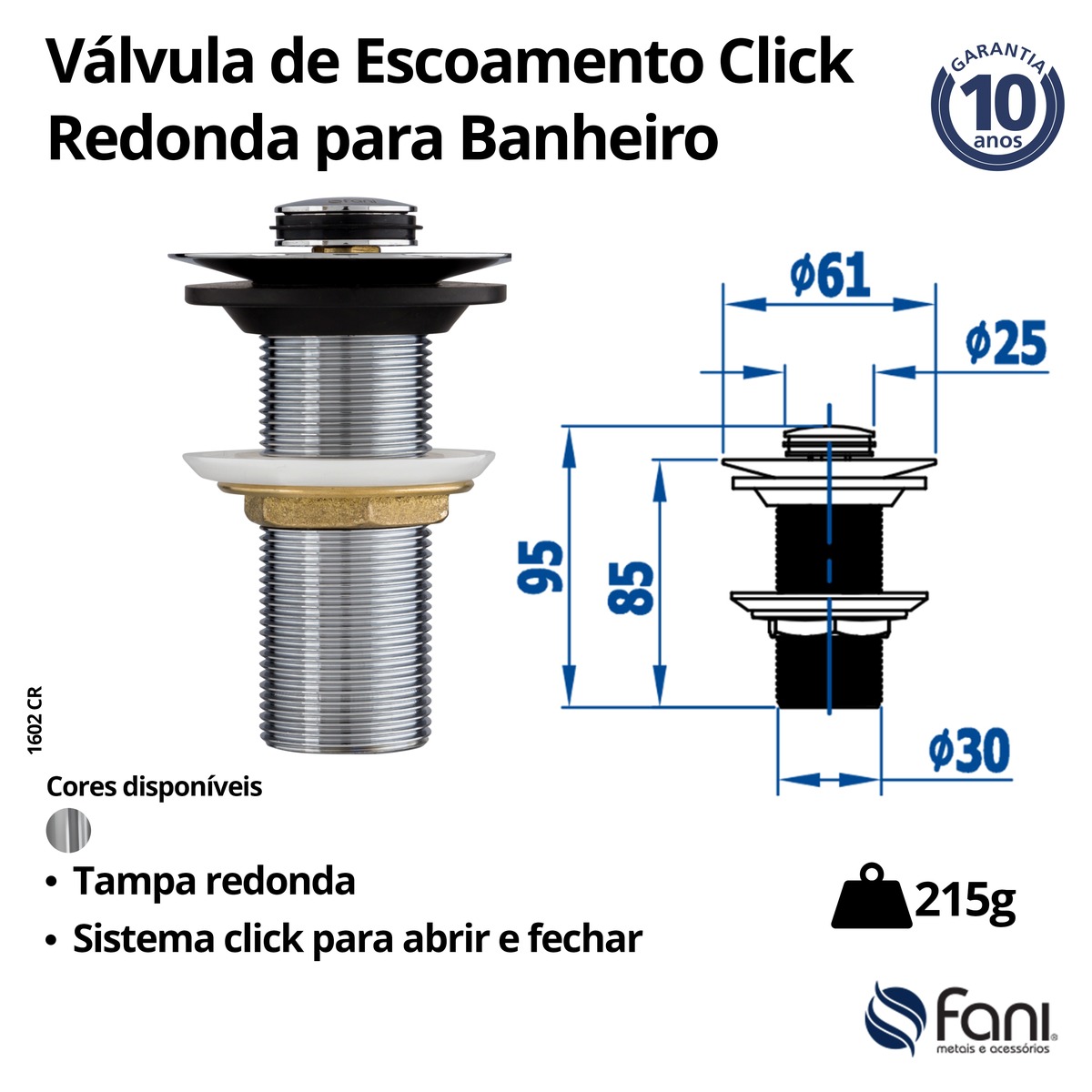 Válvula Lavatório Com Click 1602Cr Cromado Fani