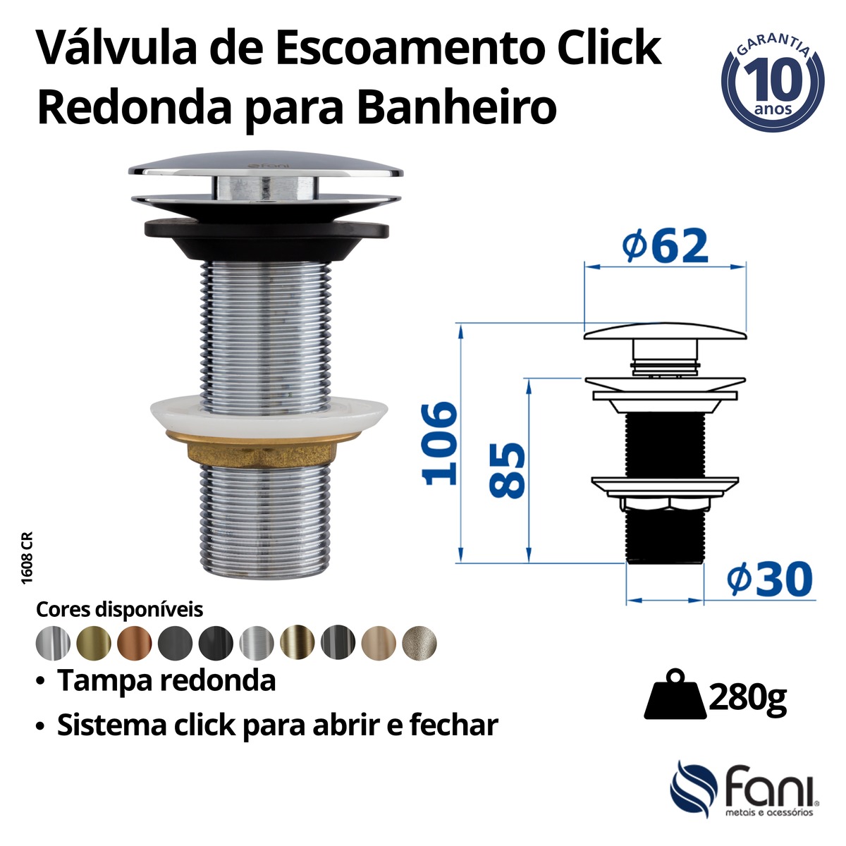 Válvula Lavatório Redonda Com Click 1608CR Cromado Fani