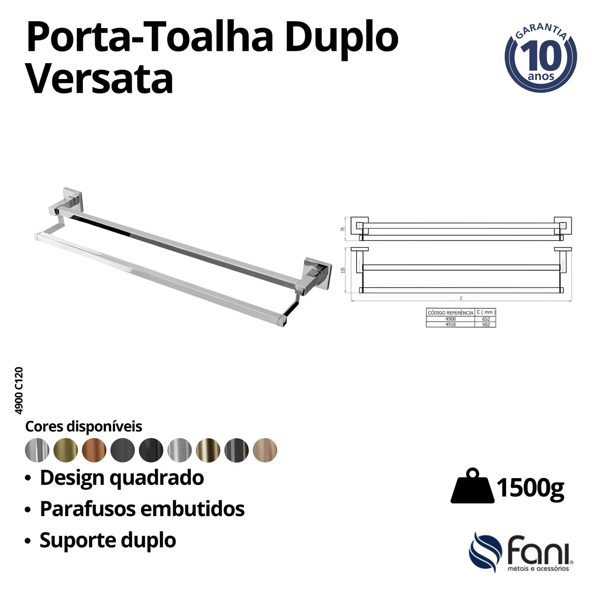 Porta Toalha Reto Longo 65,2cm Duplo Versata 4900DV120 D'oro Vecchio Fani