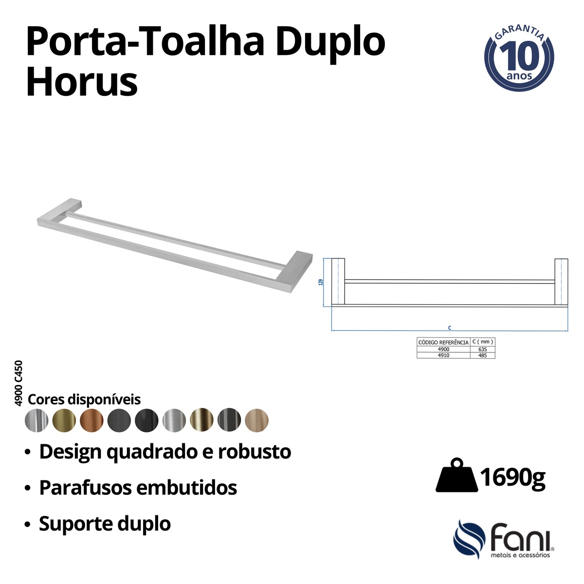 Porta Toalha Reto Longo 53,5cm Duplo Horus 4900C450 Cromado Fani