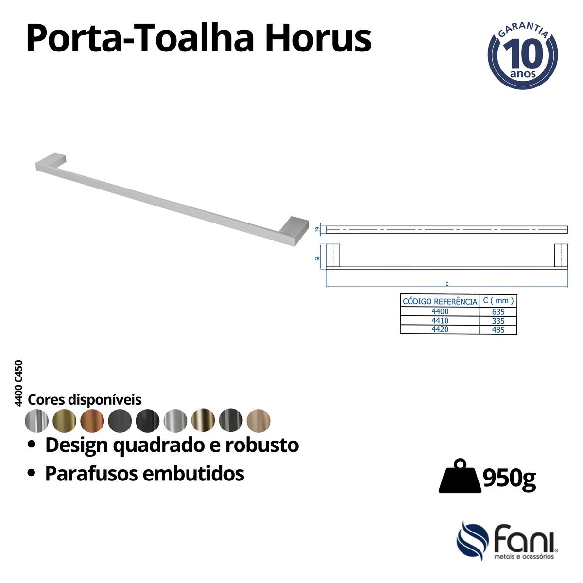 Porta Toalha Reto Longo 63,5cm Horus 4400BK450 Preto Fosco Fani