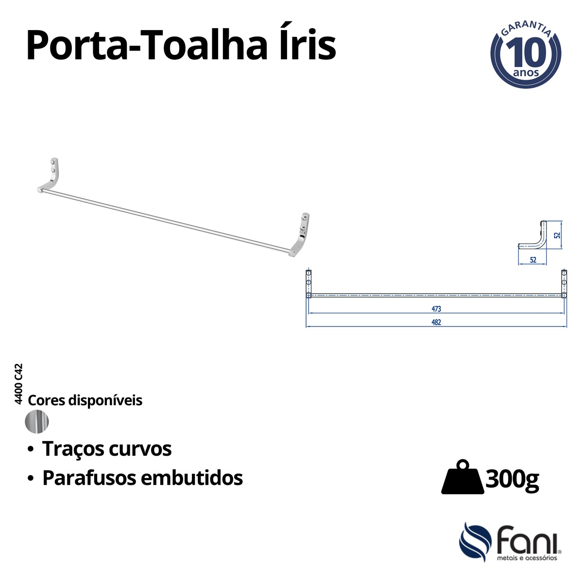 Porta Toalha Reto Longo 52cm Iris 4400C42 Cromado Fani