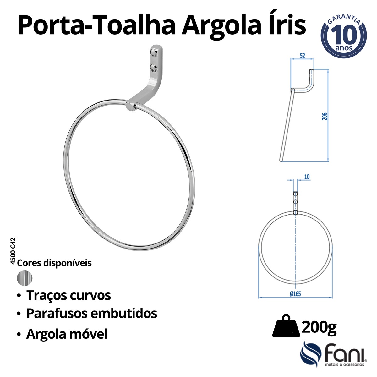 Porta Toalha Argola Iris 4500C42 Cromado Fani