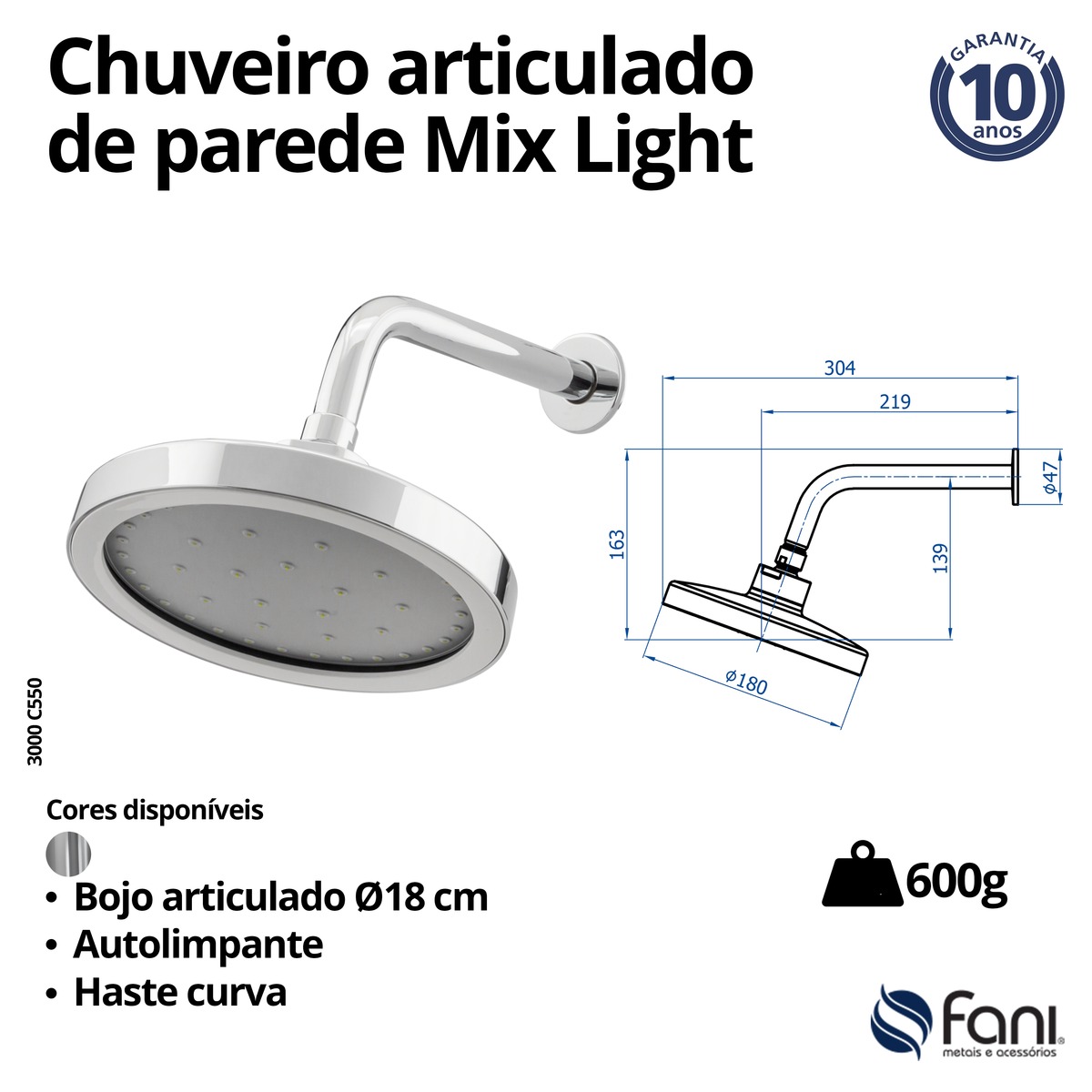 Chuveiro Articulado Parede Mix Light 3000C550 Cromado Fani