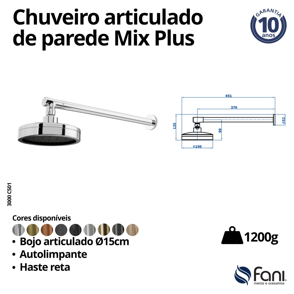 Chuveiro Articulado Parede Metal Mix Plus 3000C501 Cromado Fani
