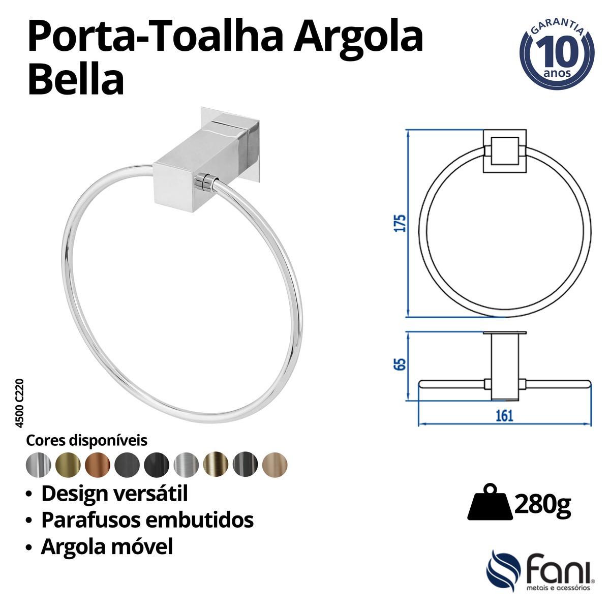 Porta Toalha Argola Bella 4500BK220 Preto Fosco Fani