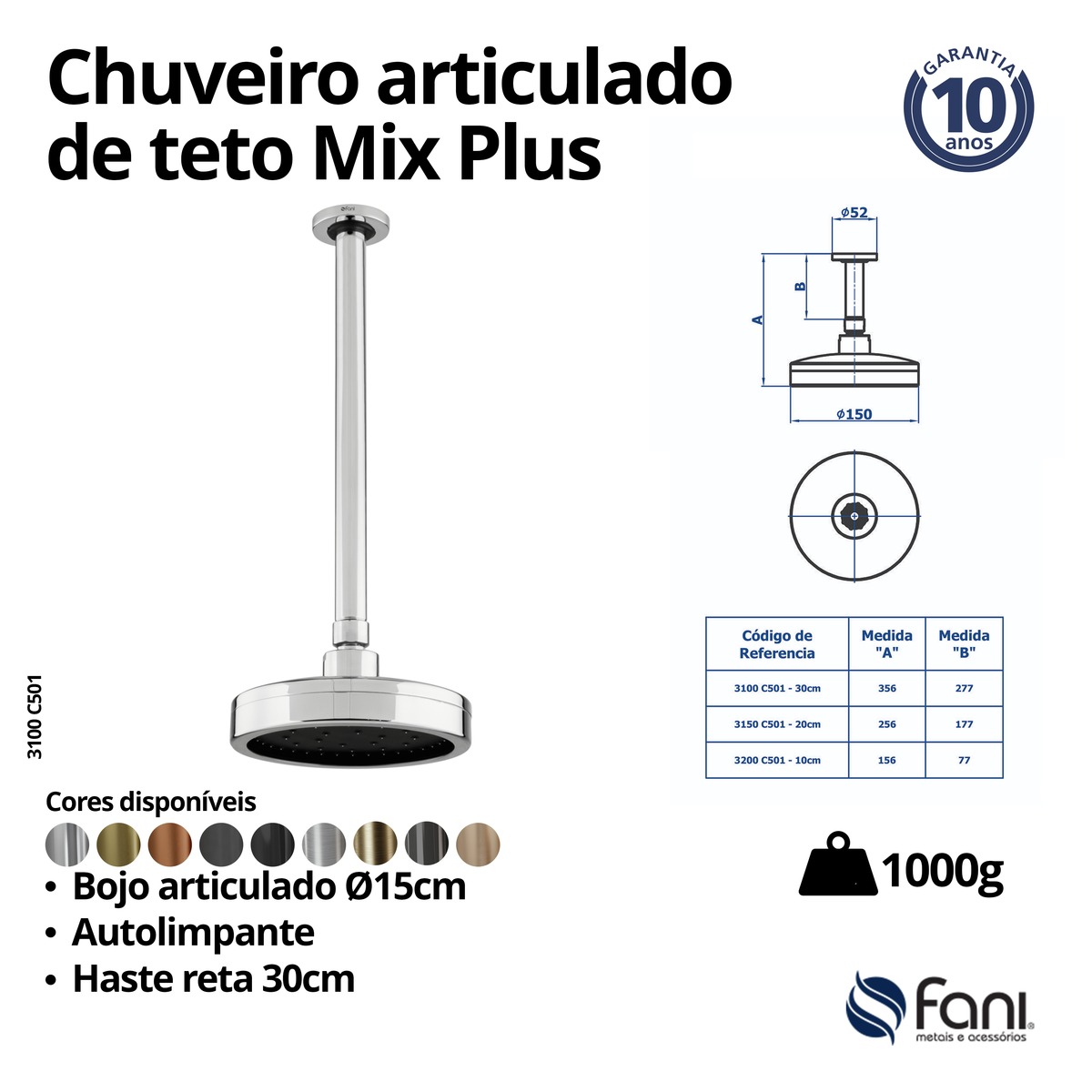 Chuveiro Articulado Teto Metal 30cm Mix Plus 3100BK501 Preto Fosco Fani