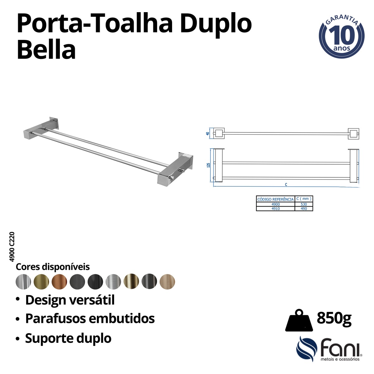 Porta Toalha Reto Longo 53cm Duplo Bella 4900GE220 Grafite Escovado Fani