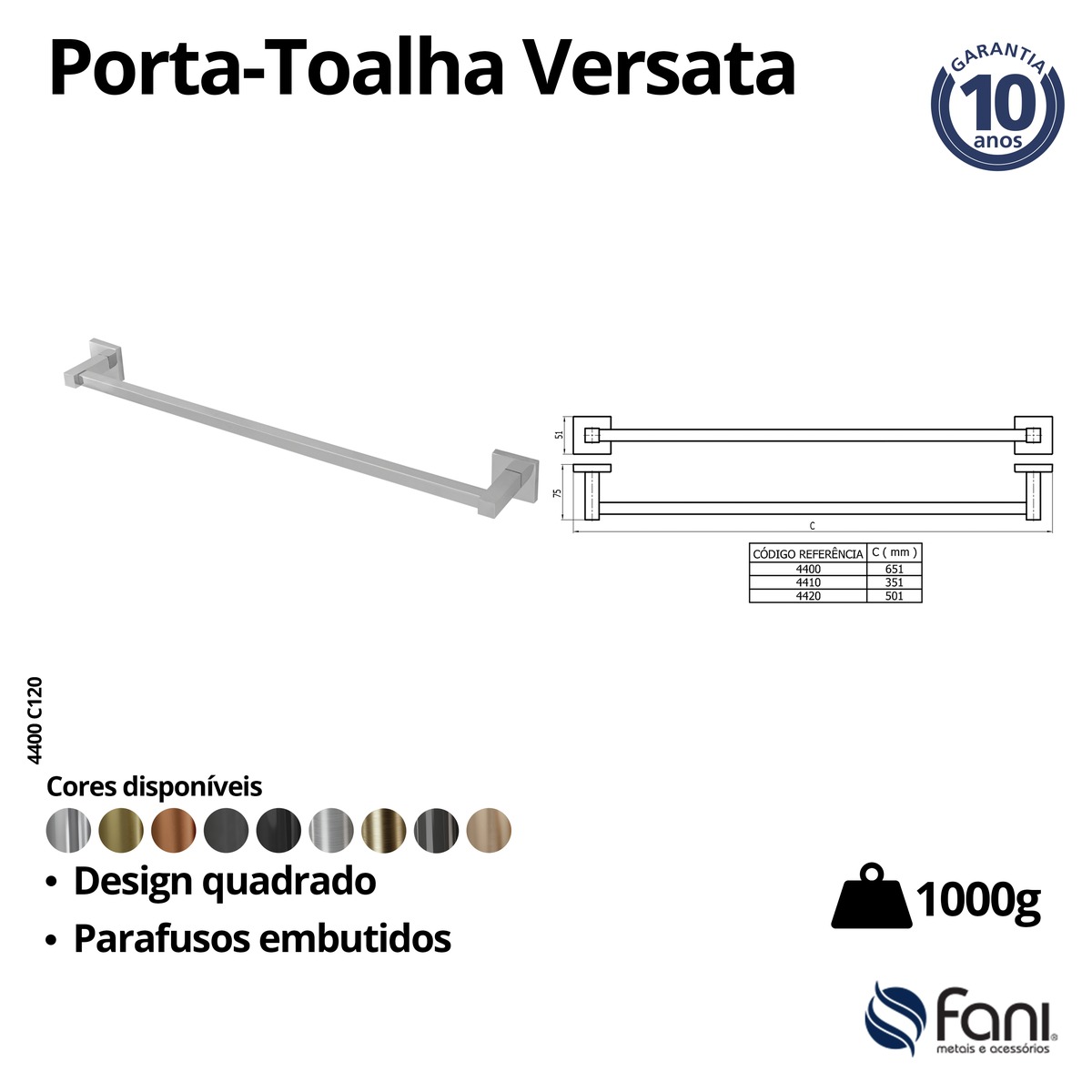 Porta Toalha Reto Longo 65,1cm Versata 4400GE120 Grafite Escovado Fani