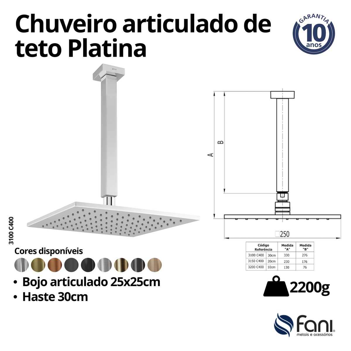 Chuveiro Articulado Teto Metal 30cm Platina 3100BK400 Preto Fosco Fani