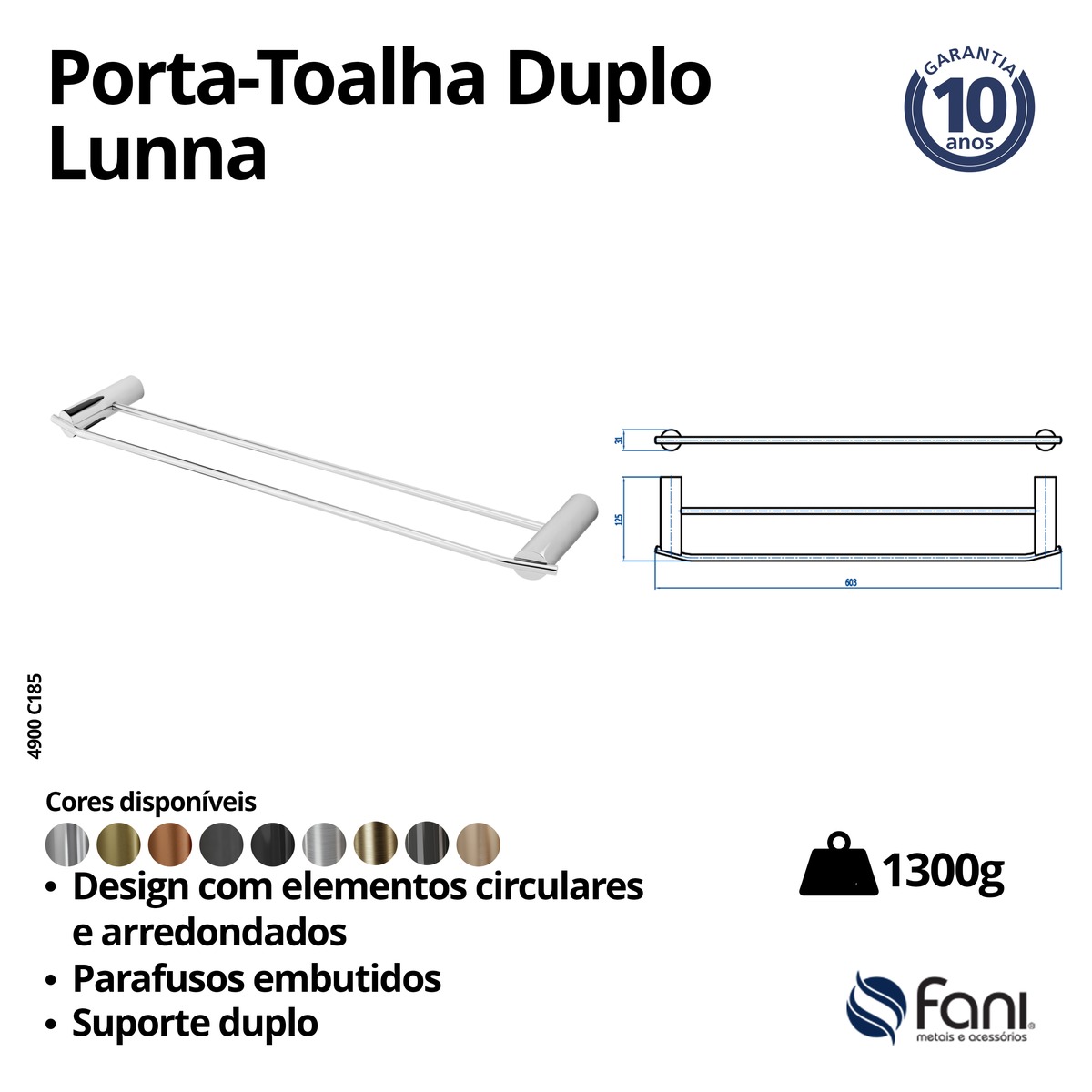 Porta Toalha Reto Longo 60cm Duplo Lunna 4900BK185 Preto Fosco Fani