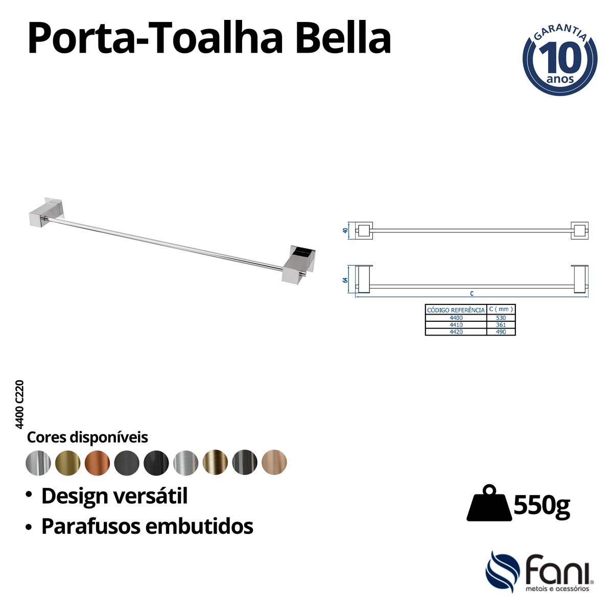 Porta Toalha Reto Longo 53cm Bella 4400CH220 Champanhe Fani