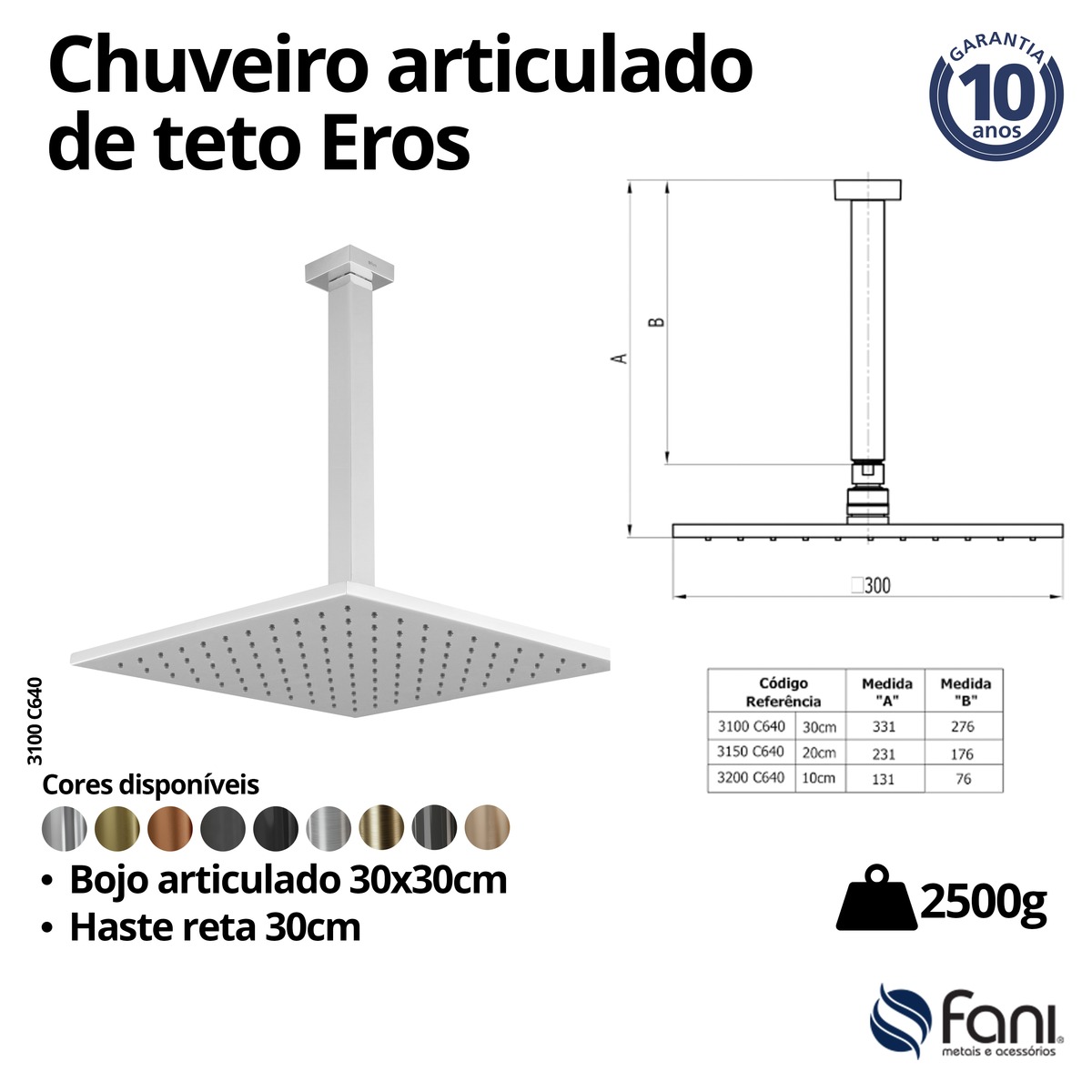 Chuveiro Articulado Teto Metal 30cm Eros 3100CH640 Champanhe Fani