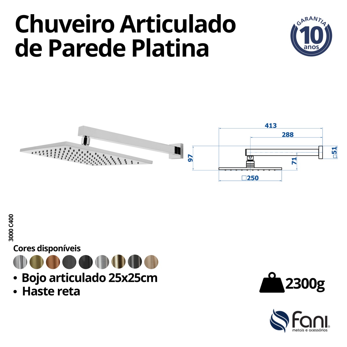 Chuveiro Articulado Parede Metal Platina 3000CH400 Champanhe Fani