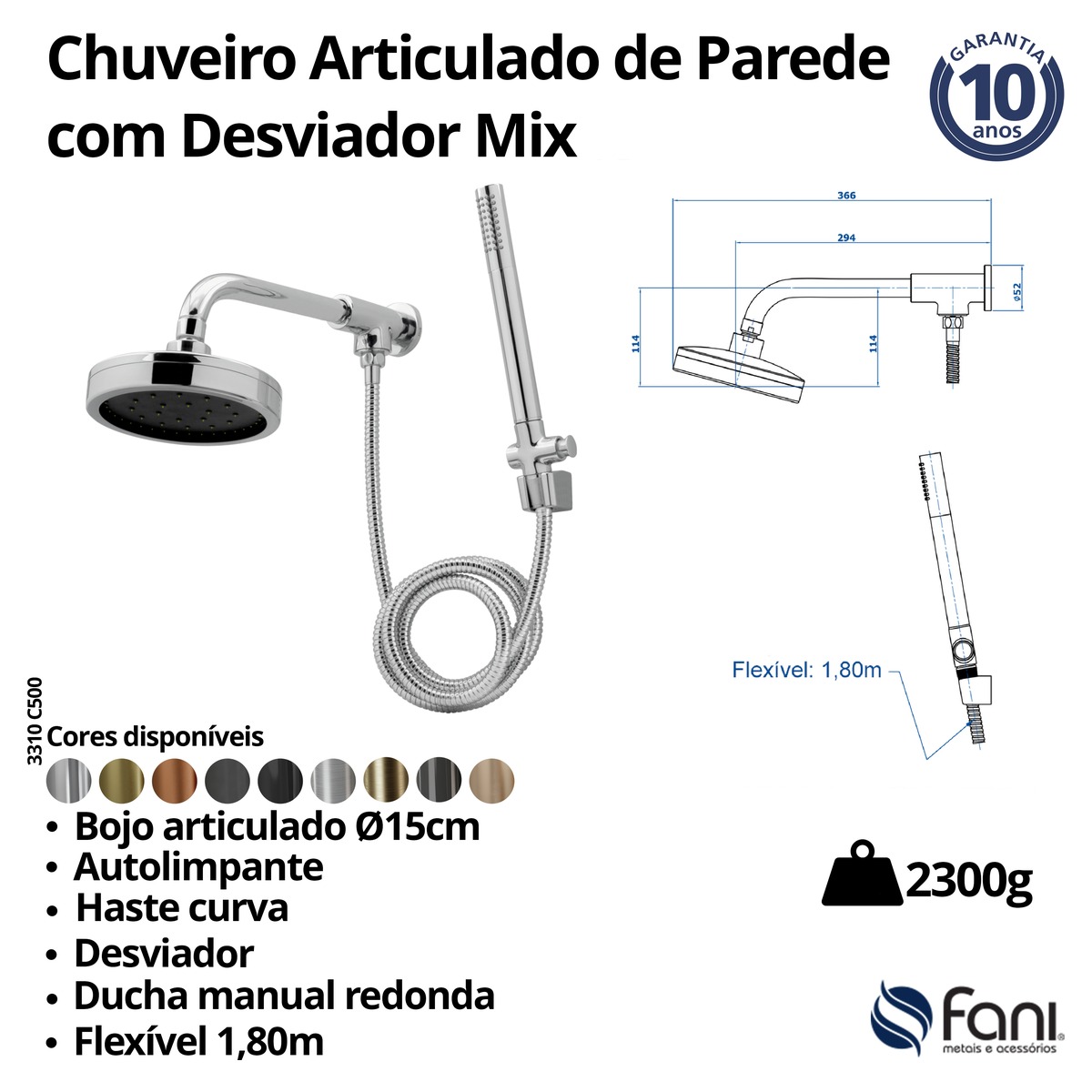 Chuveiro Articulado C/Desviador Metal Mix 3310C500 Cromado Fani