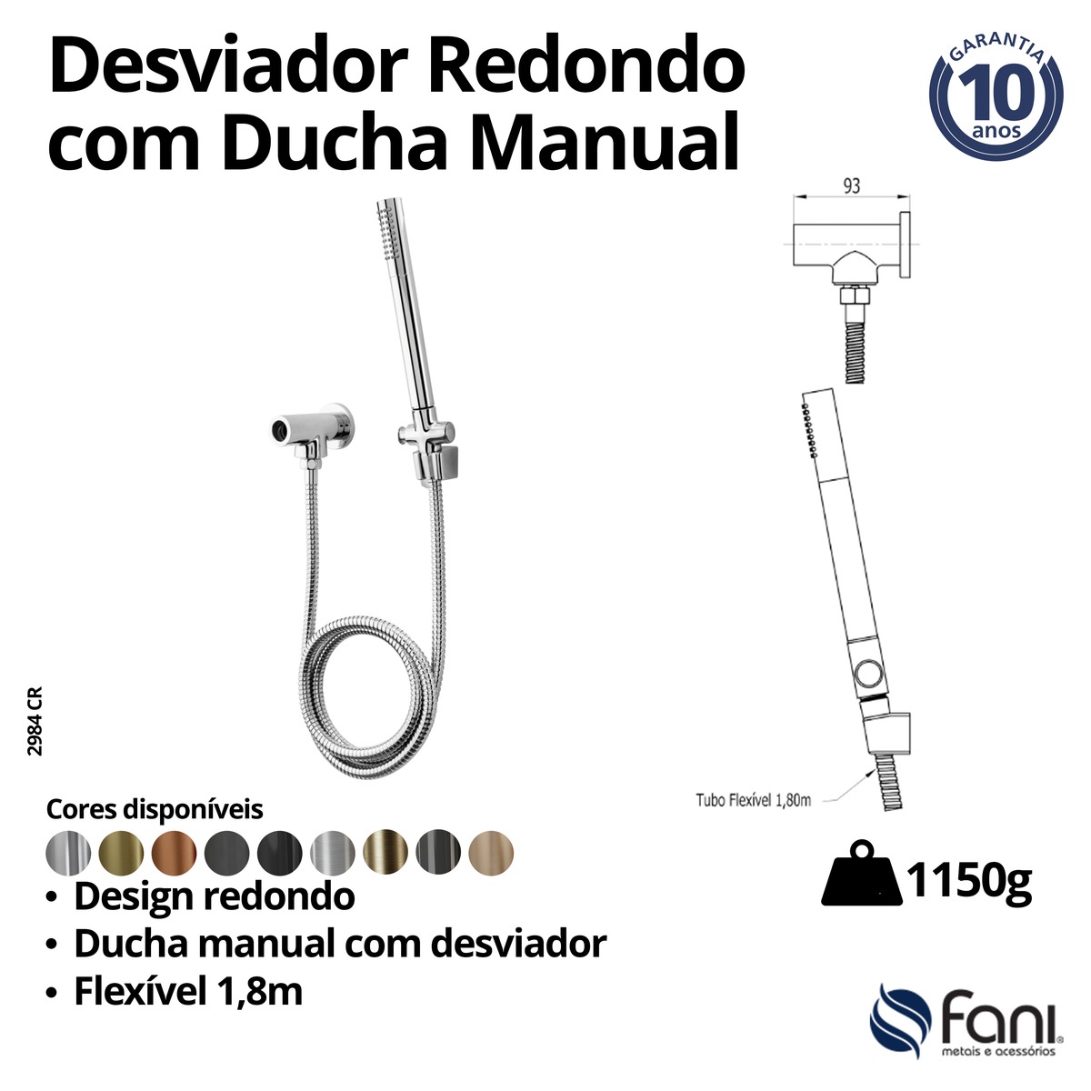 Desviador Redondo C/Ducha Metal Flexível 180cm 2984BK Preto Fosco Fani