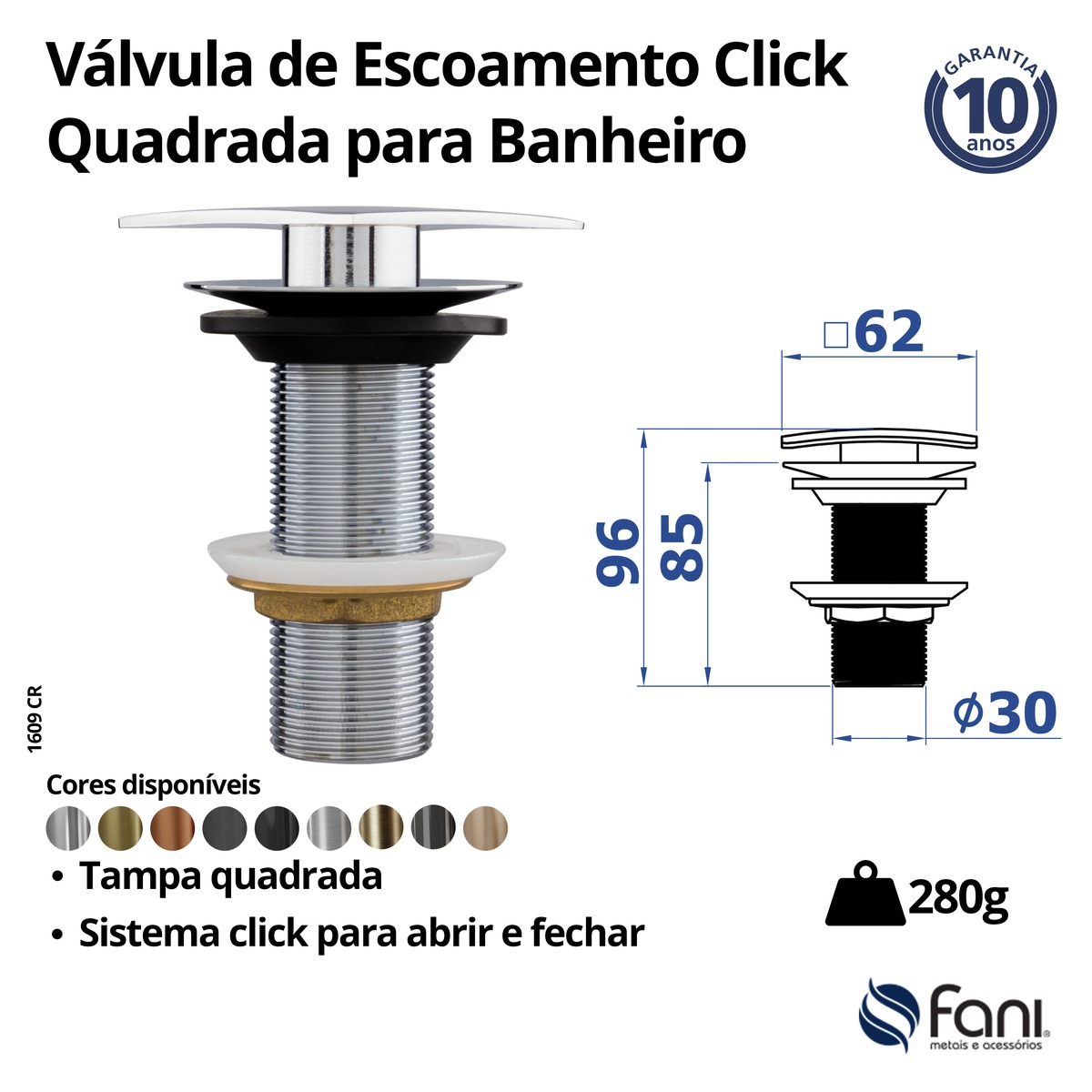 Válvula Lavatório Quadrada Com Click 1609OV Ouro Velho Fani