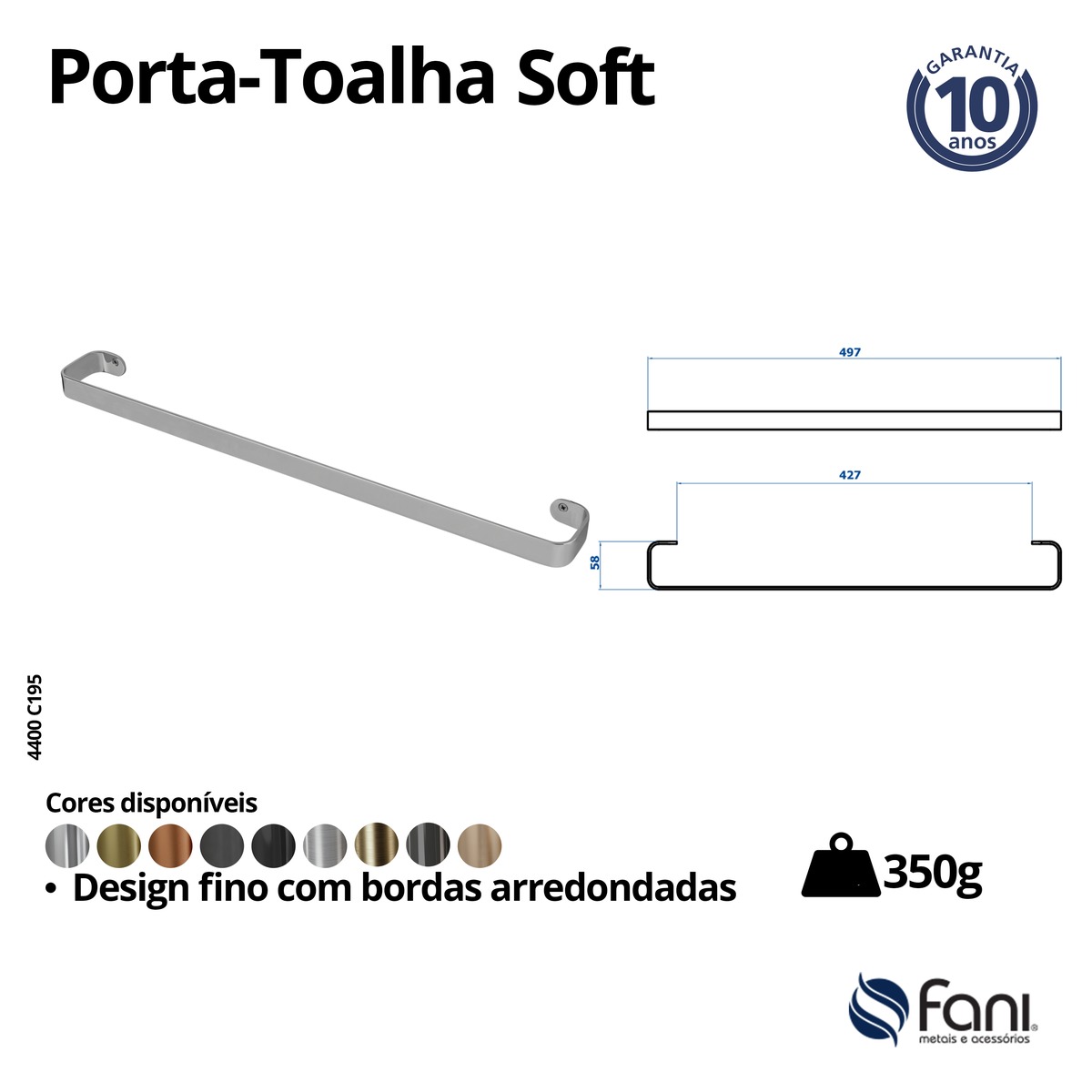 Porta Toalha Reto Longo 49,7cm Soft 4400GE195 Grafite Escovado Fani
