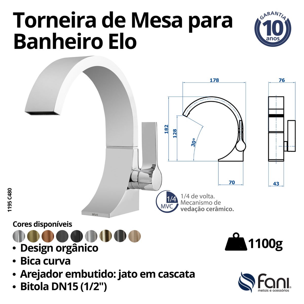 Torneira Lavatório Mesa Bica Alta Elo 1195GE480 Grafite Escovado Fani